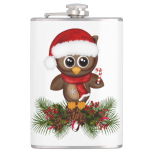 Cute Christmas Owl On Pine Branch Flask