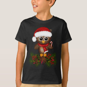 Cute Christmas Owl On Pine Branch Kid Shirt