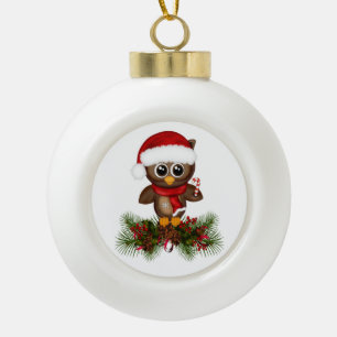 Cute Christmas Owl On Pine Branch Ornament