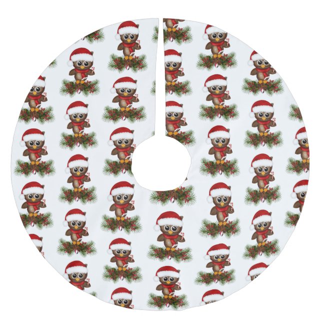 Cute Christmas Owl On Pine Branch Tree Skirt (Front)