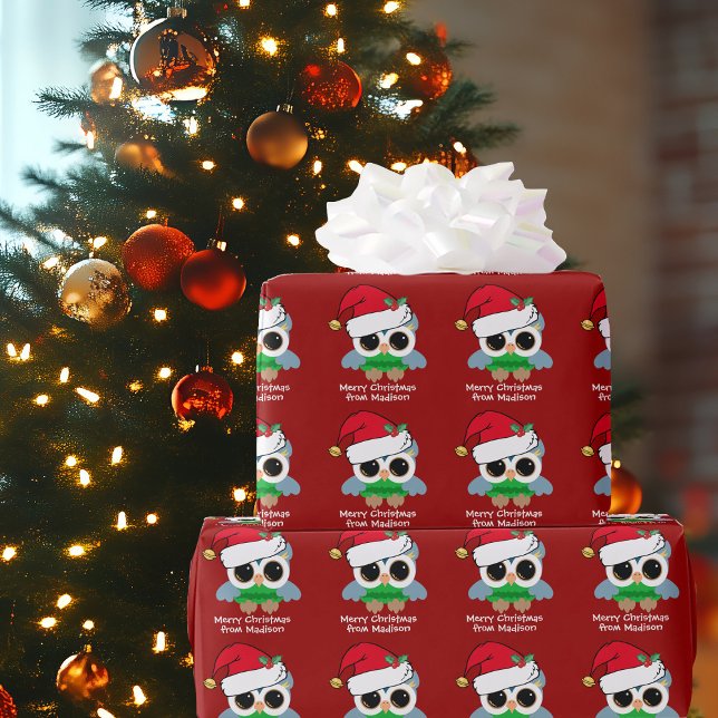 Cute Christmas Owl Personalised Red Kids Holiday Wrapping Paper (Creator Uploaded)