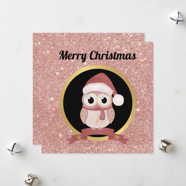 Cute Christmas owl pink rose gold glitter  Holiday Card (Front/Back In Situ)