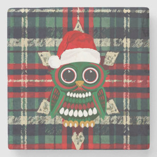 Cute Christmas Owl Plaid Festive Rustic Holiday Stone Coaster