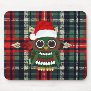 Cute Christmas Owl Red Green Plaid Festive Holiday Mouse Mat