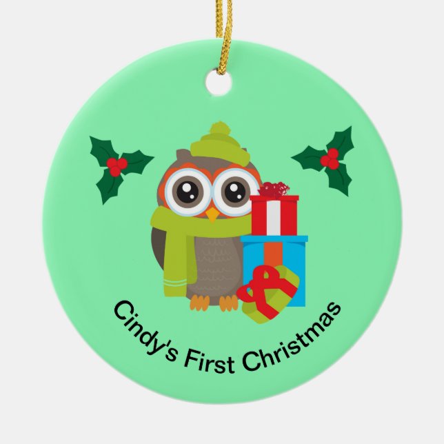 Cute Christmas Owl Reindeer Ceramic Tree Decoration (Front)