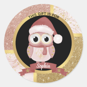 Cute Christmas Owl Rose Gold Glitter Classic Round Sticker