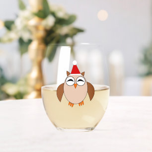 Cute Christmas Owl Stemless Wine Glass
