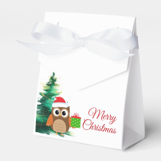 Cute Christmas Owl with Santa Hat Favor Box (Front Side)