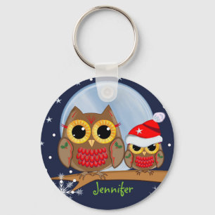 Cute Christmas Owls & Custom Name Key Ring