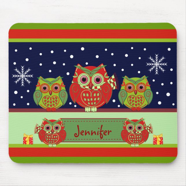 Cute Christmas Owls & custom Name Mousepad (Front)