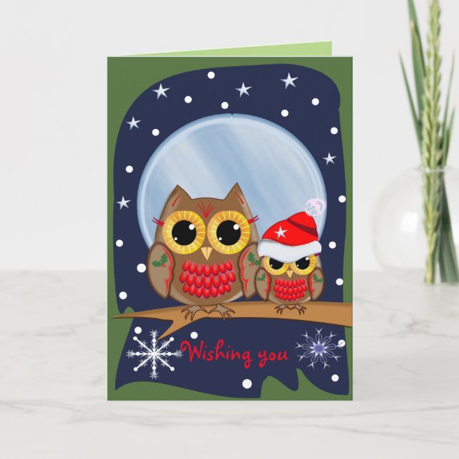 Cute Christmas Owls & Custom text Holiday Card (Front)