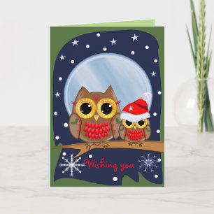 Cute Christmas Owls & Custom text Holiday Card