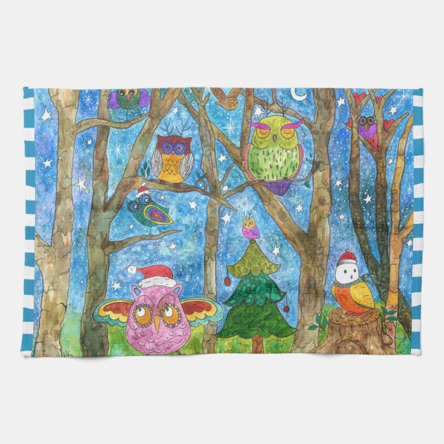 Cute Christmas Owls in Hats Kitchen Towel (Horizontal)