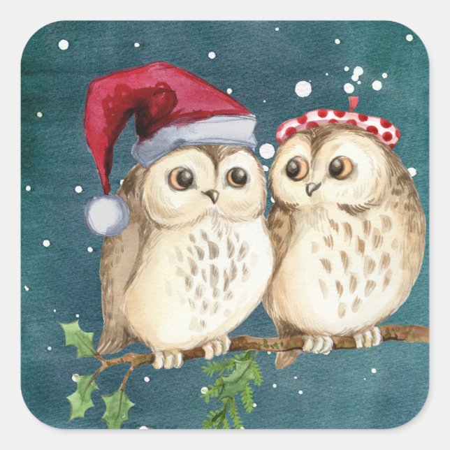 Cute Christmas Owls Square Sticker (Front)