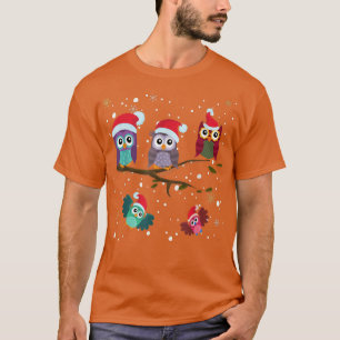 Cute Christmas Owls Wearing Santa Hats in Snowy Wi T-Shirt