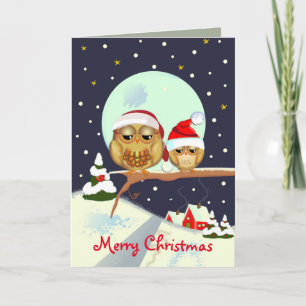Cute Christmas owls with Santa hats & custom text Holiday Card