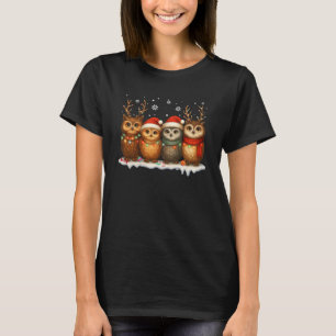Cute Christmas Owls with Santa Hats & Reindeer T-Shirt