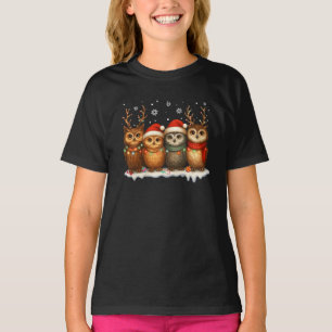 Cute Christmas Owls with Santa Hats & Reindeer T-Shirt