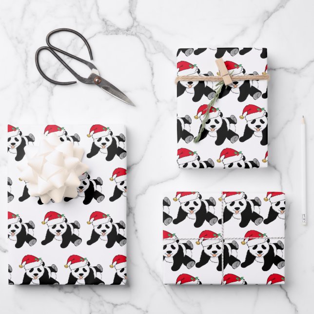 Cute Christmas Panda Bear in Santa Hat Kids Wrapping Paper Sheet (Front)