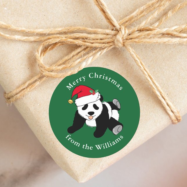 Cute Christmas Panda Bear Santa Hat Custom Green Classic Round Sticker (Creator Uploaded)
