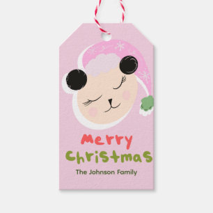 Cute Christmas Panda Pink Santa Hat Family Gift Tags