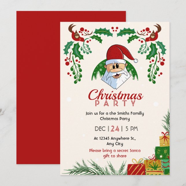 Cute Christmas Party Santa Festive Elegant Floral Invitation (Front/Back)