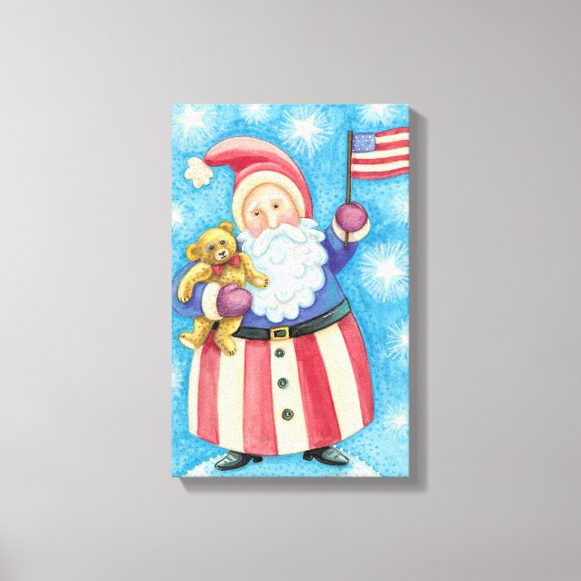 Cute Christmas, Patriotic Santa Claus with Flag Canvas Print (Front)