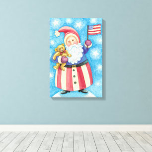 Cute Christmas, Patriotic Santa Claus with Flag Canvas Print