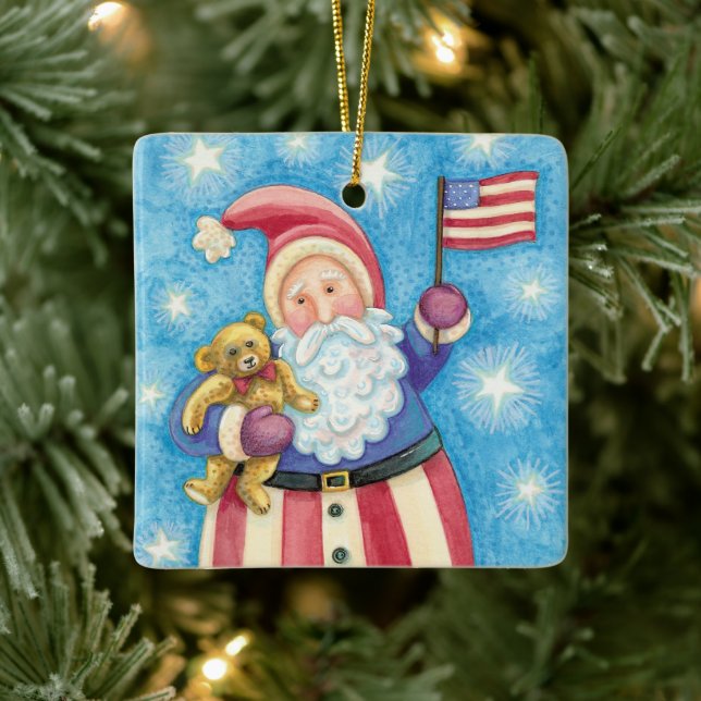 Cute Christmas, Patriotic Santa Claus with Flag Ceramic Ornament (Tree)