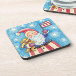Cute Christmas, Patriotic Santa Claus with Flag Coaster