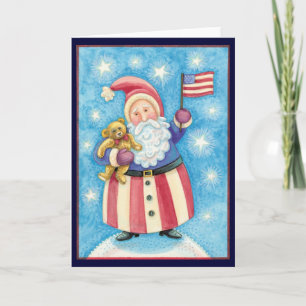 Cute Christmas, Patriotic Santa Claus with Flag Holiday Card