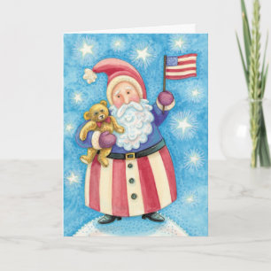 Cute Christmas, Patriotic Santa Claus with Flag Holiday Card