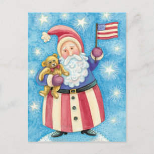 Cute Christmas, Patriotic Santa Claus with Flag Holiday Postcard