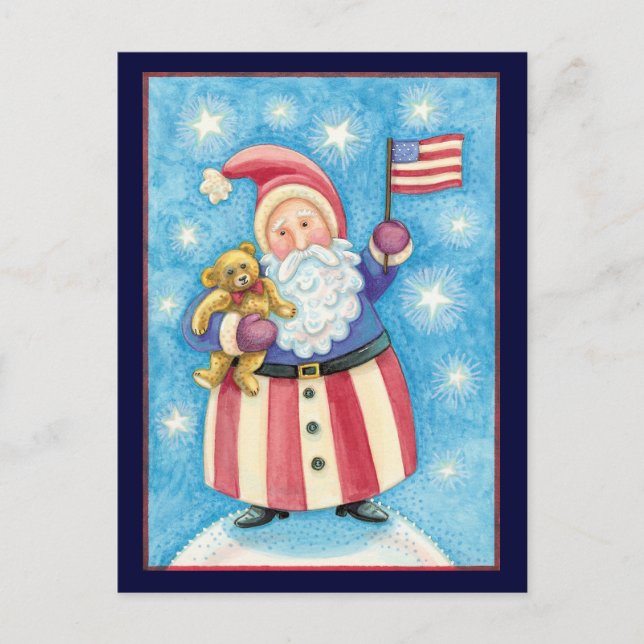 Cute Christmas, Patriotic Santa Claus with Flag Holiday Postcard (Front)