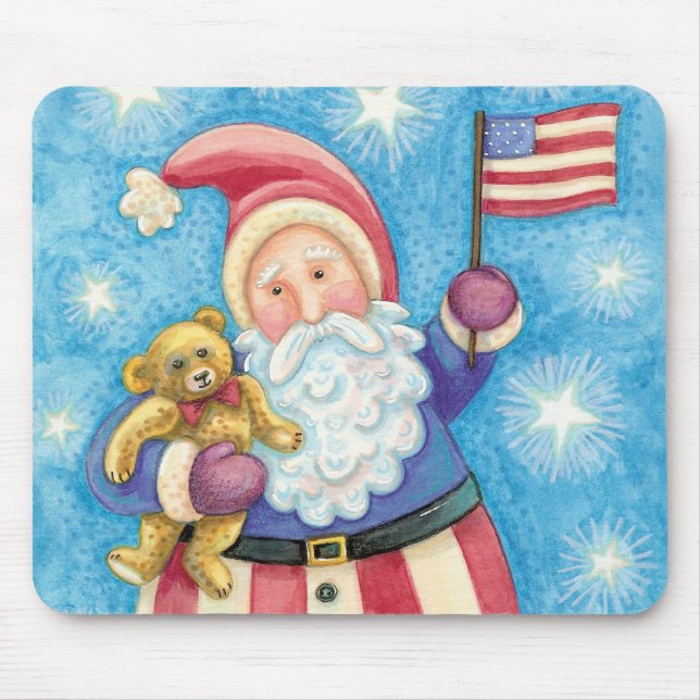 Cute Christmas, Patriotic Santa Claus with Flag Mouse Mat (Front)