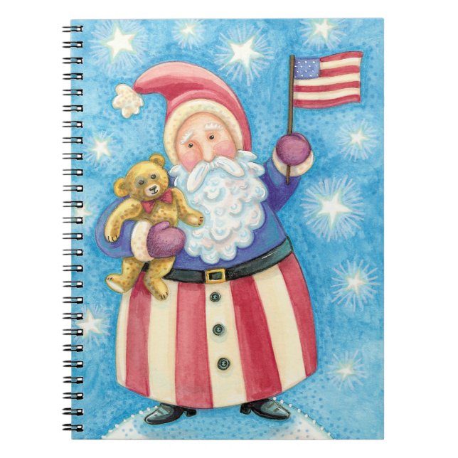 Cute Christmas, Patriotic Santa Claus with Flag Notebook (Front)