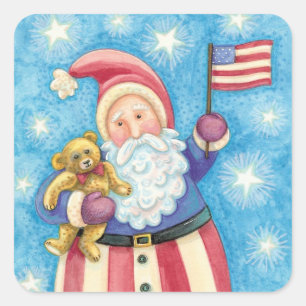 Cute Christmas, Patriotic Santa Claus with Flag Square Sticker
