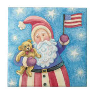 Cute Christmas, Patriotic Santa Claus with Flag Tile