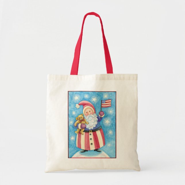Cute Christmas, Patriotic Santa Claus with Flag Tote Bag (Front)