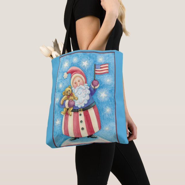 Cute Christmas, Patriotic Santa Claus with Flag Tote Bag (Close Up)