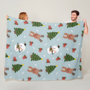Cute Christmas Pattern Snowman, Reindeer & Tree Fleece Blanket