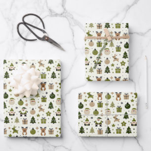 Cute Christmas Pattern with Santa, Reindeer, Gifts Wrapping Paper Sheet