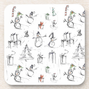 Cute Christmas Pattern with Snowman, Tree, and Gif Coaster