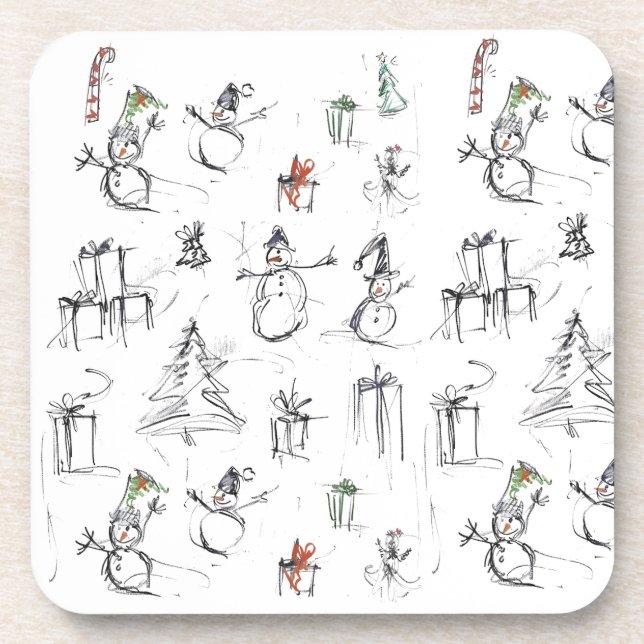 Cute Christmas Pattern with Snowman, Tree, and Gif Coaster (Front)