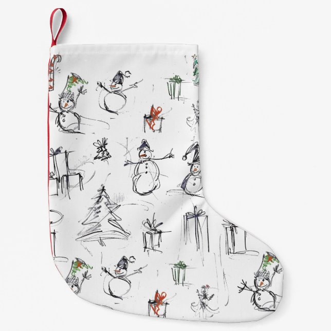 Cute Christmas Pattern with Snowman, Tree, and Gif Small Christmas Stocking (Front)