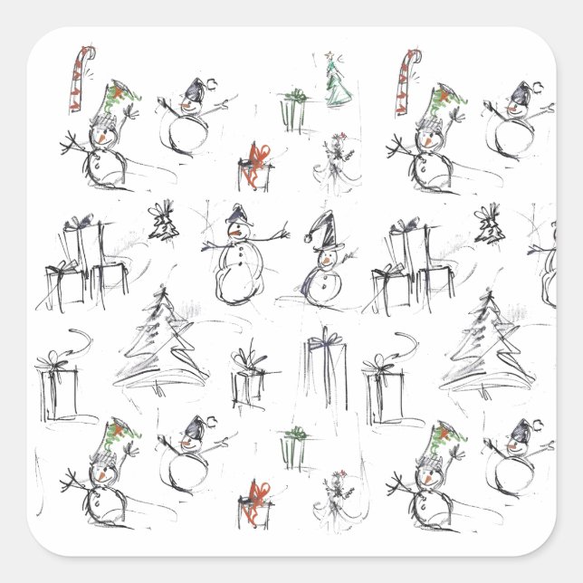 Cute Christmas Pattern with Snowman, Tree, and Gif Square Sticker (Front)