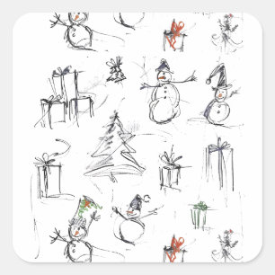 Cute Christmas Pattern with Snowman, Tree, and Gif Square Sticker