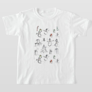 Cute Christmas Pattern with Snowman, Tree, and Gif T-Shirt