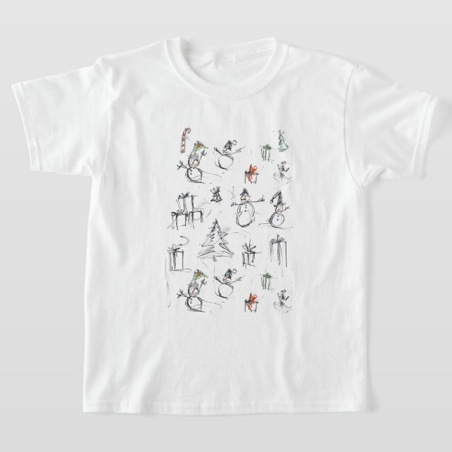 Cute Christmas Pattern with Snowman, Tree, and Gif T-Shirt (Laydown)