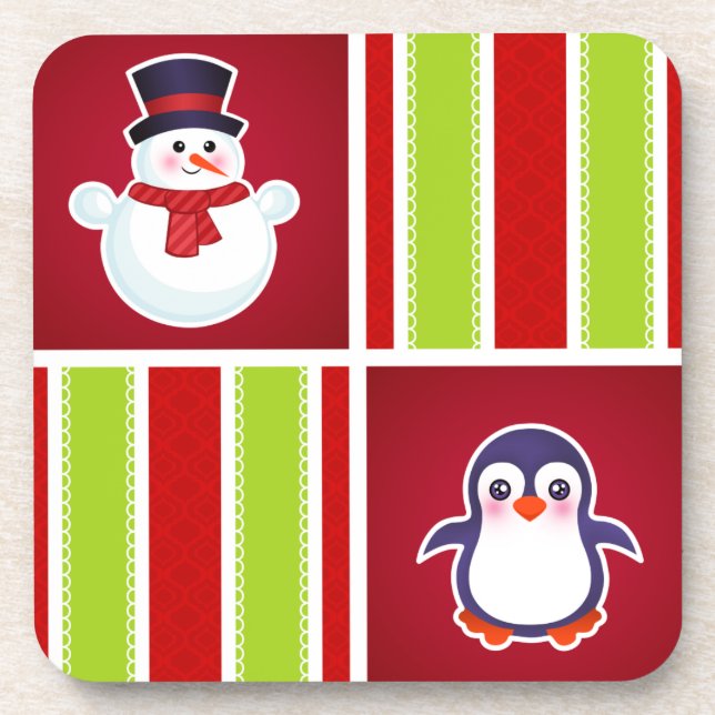 Cute Christmas Pattern With Snowmen And Penguins Coaster (Front)